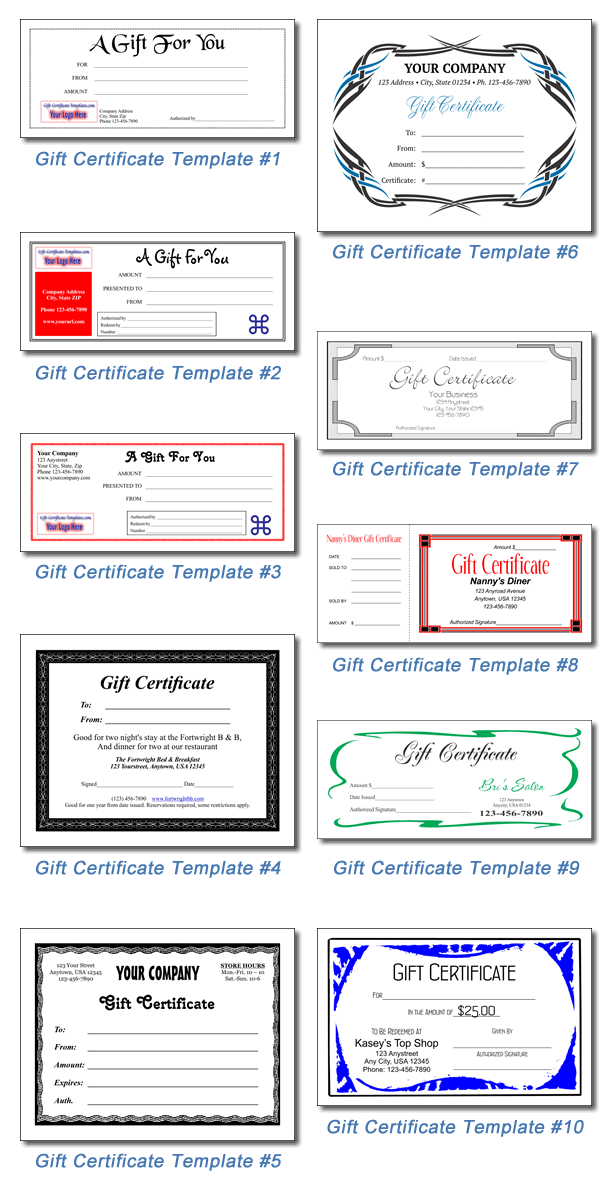 Available Gift Certificate Templates